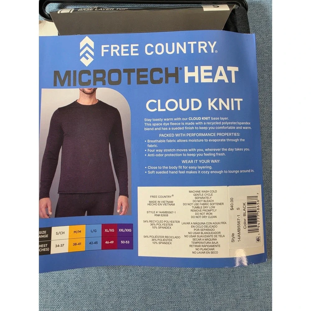 Free Country Mens Microtech Heat Cloud Knit Base Layer Top Black Small NEW.